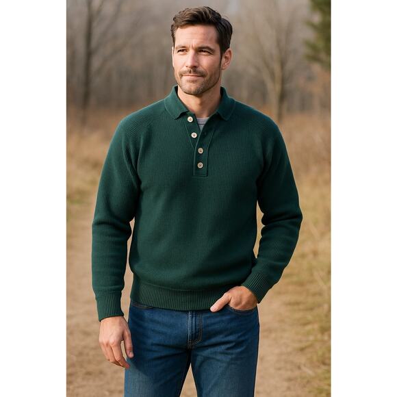 L.L.Bean Mens Medium Henley Sweater Green 100% Cotton USA Made Vintage Knit - Picture 1 of 7